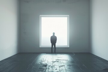 Poster - A man standing in front of an open window. Perfect for interior design concepts