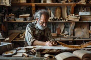 Poster - A man is working on a piece of wood in a workshop. Ideal for woodworking and craftsmanship projects
