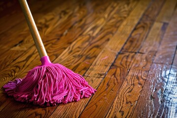 Wall Mural - A pink mop resting on a wooden floor, suitable for household cleaning concept