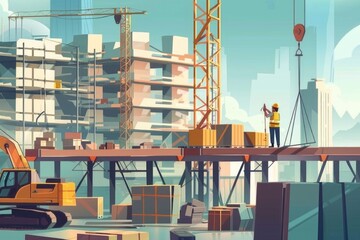 Poster - Construction worker standing on top of a building under construction. Suitable for construction industry concepts