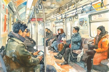 Poster - A painting of people sitting on a train. Suitable for transportation themes
