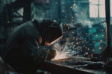 Poster - A welder working on a piece of metal. Suitable for industrial concepts