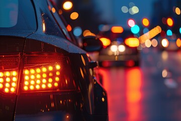 Poster - Close up of a car's tail light on a city street, suitable for automotive and urban themes