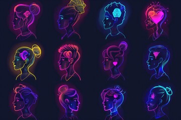 Wall Mural - Collection of neon-lit portraits of a woman, perfect for modern design projects