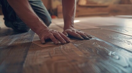 Poster - A man laying on the floor with a piece of wood. Suitable for construction or DIY projects