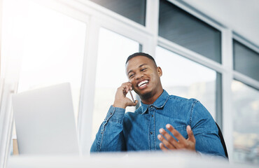 Aufkleber - Phone call, business and black man with smartphone in office for conversation, networking or negotiating deal. Lens flare, laptop and happy consultant for discussion, talking or feedback on project