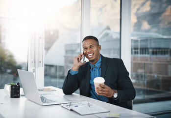 Aufkleber - Businessman, laughing and phone call with coffee for funny joke, discussion or communication at office. Happy black man, accountant or employee smile with mobile smartphone for friendly conversation
