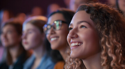 close-up, diverse theatre audience, expressions of awe and amusement during a captivating scene, emo
