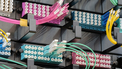Poster - Telecommunication Internet equipment with wires and communication blocks. Telecommunication technology concept background