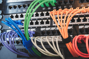 Poster - Telecommunication Internet equipment with wires and communication blocks. Telecommunication technology concept background