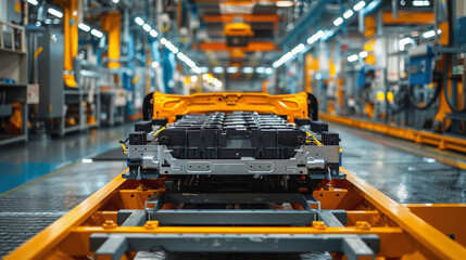 Wall Mural - Automotive assembly line with a vehicle chassis in focus amidst industrial machinery in a modern car manufacturing factory.
