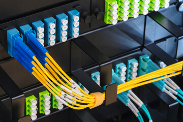 Poster - Telecommunication Internet equipment with wires and communication blocks. Telecommunication technology concept background