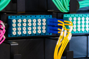 Poster - Telecommunication Internet equipment with wires and communication blocks. Telecommunication technology concept background