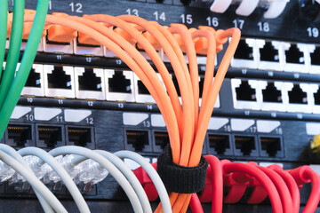 Poster - Telecommunication Internet equipment with wires and communication blocks. Telecommunication technology concept background