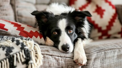 Wall Mural - Relaxed border collie enjoying a cozy moment resting on a couch, indoors setting