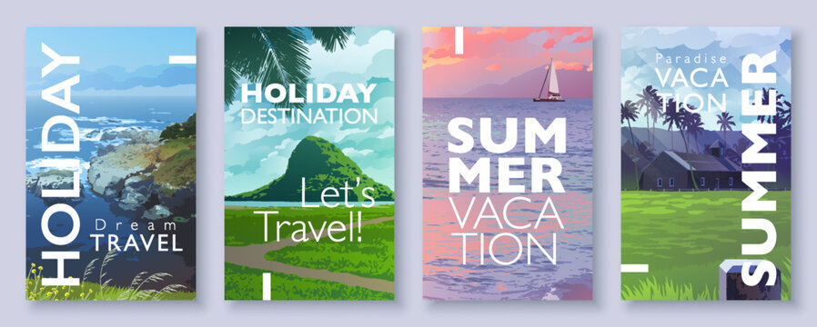 Summer background set with seascape, tropical sunset ocean, beach and island, coastline,  and typography design for posters, covers, cards. Vector template and illustration.