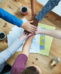 Poster - Creative people, hands together and teamwork with diversity, documents or unity for project above at office. Top view of diverse group piling for community agreement, meeting or startup at workplace