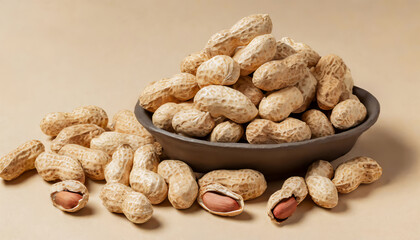 Wall Mural - Peanuts. Unshelled nuts in a bowl close up. Roasted pile of peanuts in shell over beige background. Organic vegan, vegetarian food. Healthy nutrition concept