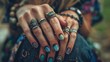 Close up of woman's hands with lots of rings and painted nails. Beautiful hands female wearing rings in each finger