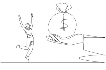 Poster - Continuous one line drawing the businesswoman was excited to get money bag from the giant hand. Large additional capital. Matching bonuses. Work smart. Single line draw design vector illustration