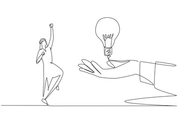 Poster - single one line drawing arabian businessman is excited to get lightbulb from a giant hand. priceless