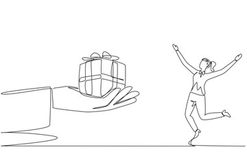 Poster - Single one line drawing businesswoman was excited to get gift box from a giant hand. Success reward. An award. Can benefit business. Great achievement. Continuous line design graphic illustration