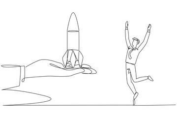 Poster - Single one line drawing the businessman is happy to get rocket from the giant hand. Entrusted to take care of newly opened business branches. Get promotion. Continuous line design graphic illustration