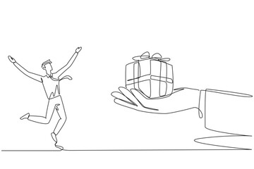 Poster - continuous one line drawing businessman was excited to get gift box from a giant hand. get important