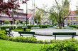 JORDANOW, POLAND - APRIL 17, 2024: Public garden in the old town of Jordanow, Poland.
