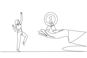 Poster - single continuous line drawing businesswoman was happy to get reward medal from giant hand. recognit