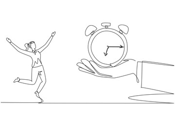 Poster - Single one line drawing businesswoman was excited to get alarm clock from a giant hand. Additional time to complete daily reports. Must always make profit. Continuous line design graphic illustration