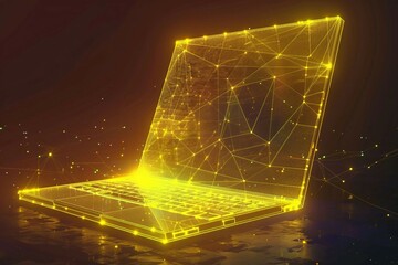 Wall Mural - technology in electronics, digital yellow  low poly laptop with glowing data streams, ai in computing devices, machine learning algorithms, data processing capabilities. high-tech wireframe laptop.