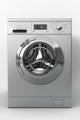 A modern front load washing machine on a clean white surface. Perfect for household appliance or laundry service concepts