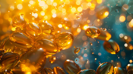 Wall Mural - A close up of a bunch of gold colored pills. The pills are floating in a blue and green background