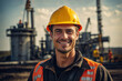 Portrait of a smiling oilman man on the background of oil pumping equipment