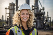 Portrait of a smiling female oil engineer on the background of oil pumping equipment