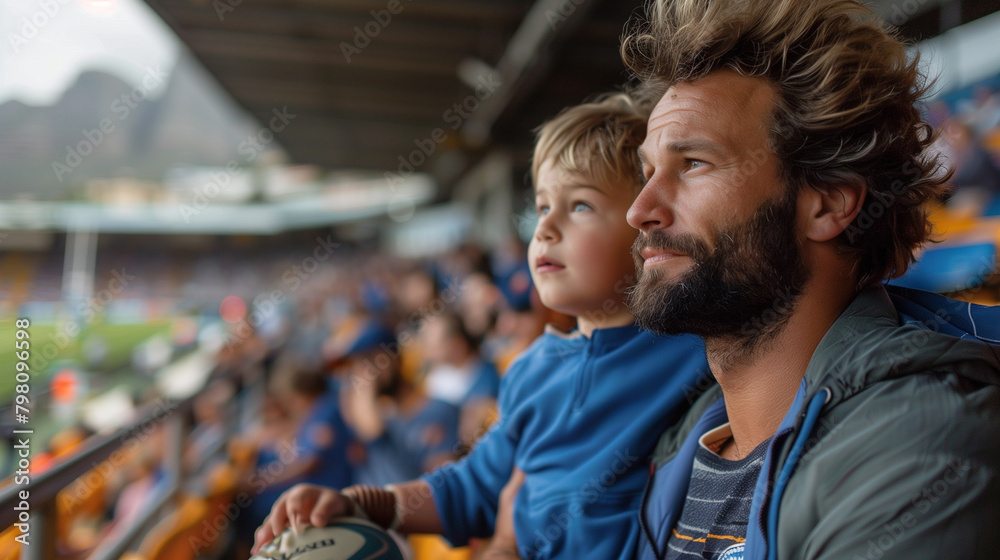 Child Parent Rugby Fans father and son in stands, filled with enthusiastic supporters of rugby ...