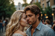 love story. A beautiful blonde girl in the foreground, a handsome brunette man in the back.