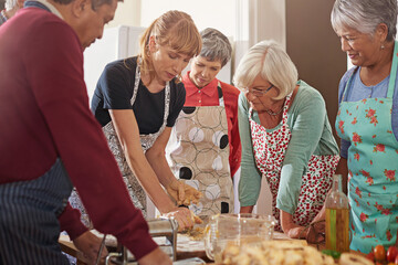 Poster - Cooking class, food or senior people with chef in kitchen for nutrition, diet or easy recipe in retirement. Nursing home, learning and nutritionist volunteer show elderly group traditional pasta meal