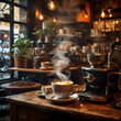 A cozy coffee shop with steaming cups of espresso