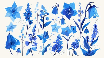 Wall Mural - A charming assortment of hand drawn bluebell flowers and leaves come together to form a delightful wild bluebell bouquet This blooming bellflower also known as harebell embodies the essence 