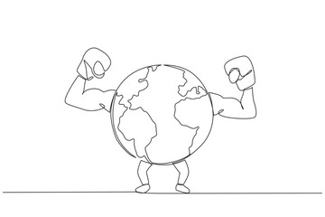Poster - Single continuous line drawing globe raised both hands which wearing boxing gloves. Always enthusiastic to fight to preserve the beauty of nature. Save the planet. One line design vector illustration