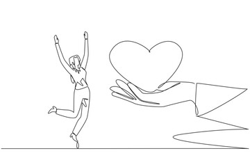 Poster - Single one line drawing the businesswoman is happy to get love from the giant hand. Gain high trust. Can't be wasted. For business progress. Smart work. Continuous line design graphic illustration