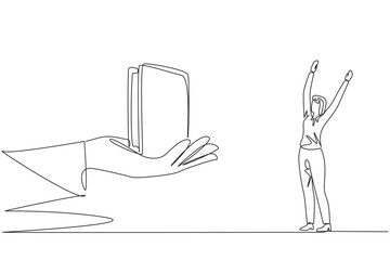 Poster - Single one line drawing the businesswoman was excited to get a wallet from the giant hand. There is a bonus in every trust given. Always work with pleasure. Continuous line design graphic illustration
