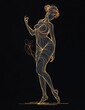 woman is shown in gold lines on a black background. She is in a dancing pose, holding a flower in her left hand. Her right hand is on her hip.