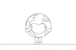 Single continuous line drawing globe holds the heart logo with both hands. Loving the earth is like loving yourself. Always take care of the earth. Saving planet. One line design vector illustration