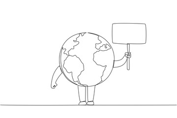 Poster - Single continuous line drawing globe holds a small board. Invitation from the earth. Protect the beauty of the earth. Maintain natural beauty. Eliminate pollution. One line design vector illustration