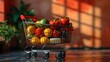 Isolated grocery cart with various products on flat background 3D render. Concept Supermarket Vignette, 3D Rendering, Isolated Objects, Consumer Goods, Digital Art