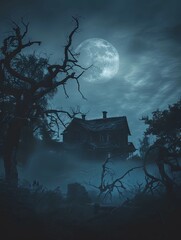 Sticker - Foreboding Full Moon Casts Eerie Light Over Decrepit Abandoned Farmhouse in Foggy Haunted Landscape