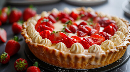 Wall Mural - strawberry pie with cream on a plate